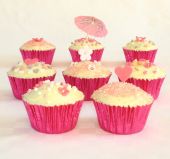 pink foil muffins - Chocolate Fudge Cake with white chocolate topping and decorated with hand cut flowers, sprinkles and pink sugar.